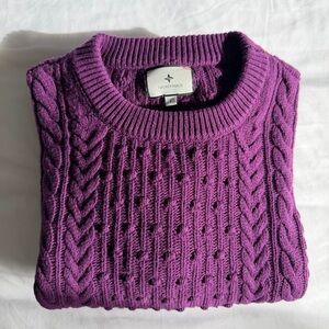 Tuckernuck Purple Wool Blend Cable Knit Puff Sleeve Crew Neck Sweater